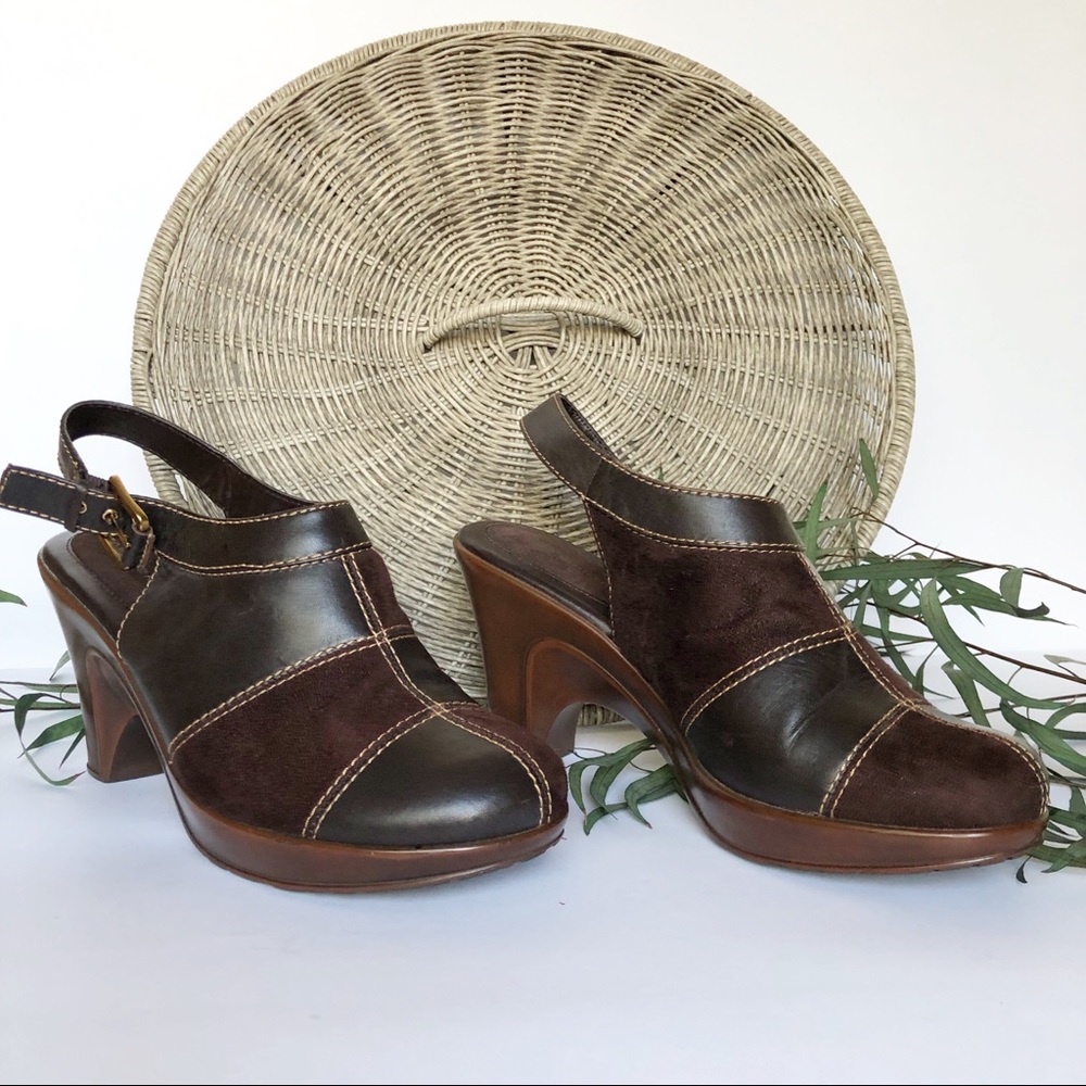 Tommy Hilfiger Leather Suede Brown Mable Patchwork Sling Back Strap Clogs 10M